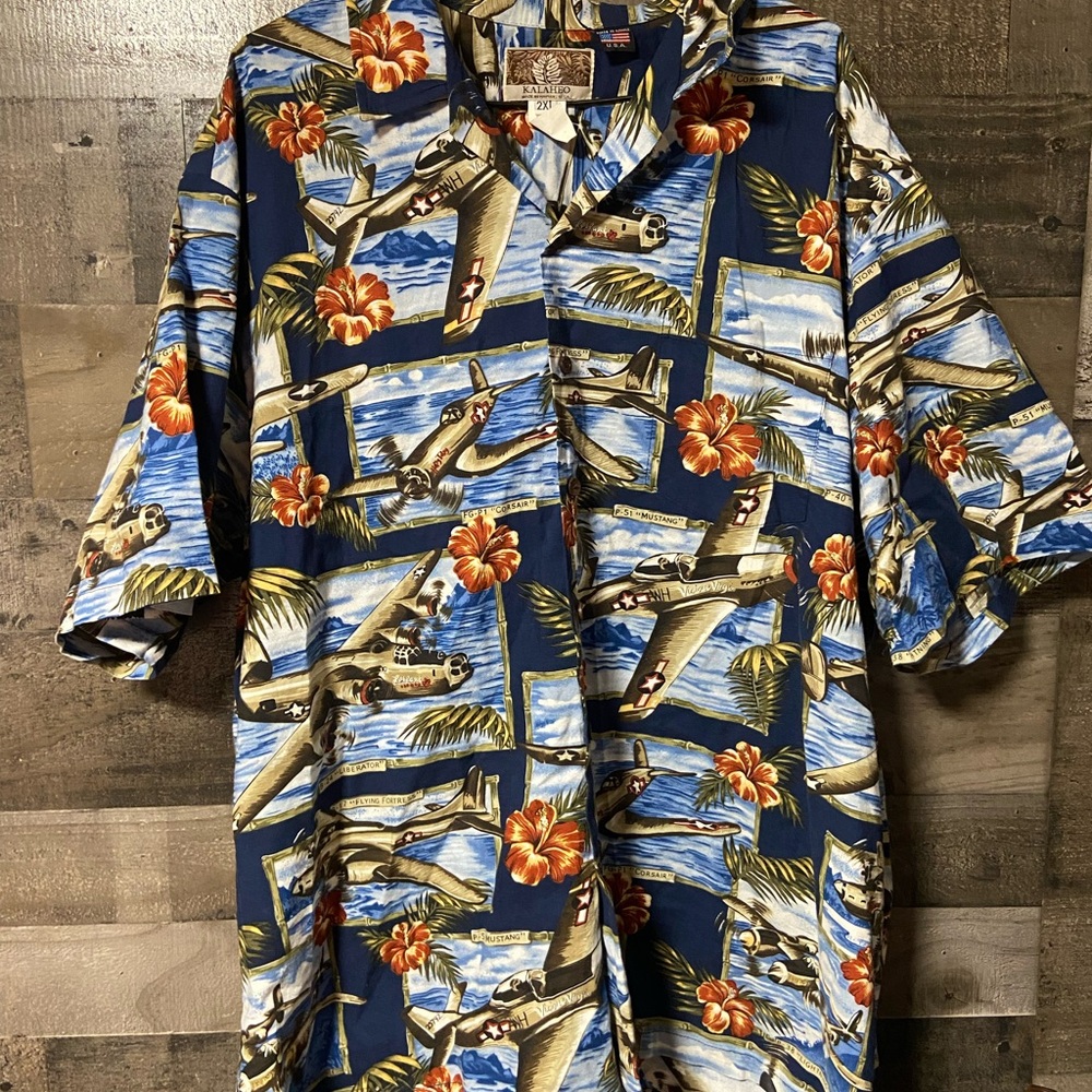 Kalaheo Casual Hawaiian Button-Down Navy Warbirds Floral Plane Print 2XL